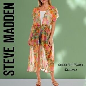 STEVE MADDEN Drawstring Tie Waist Sheer Tropical Animal Kimono